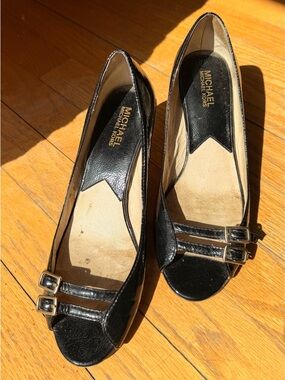 Michael Kors Black Leather Peep-Toe Heels with Double Buckles